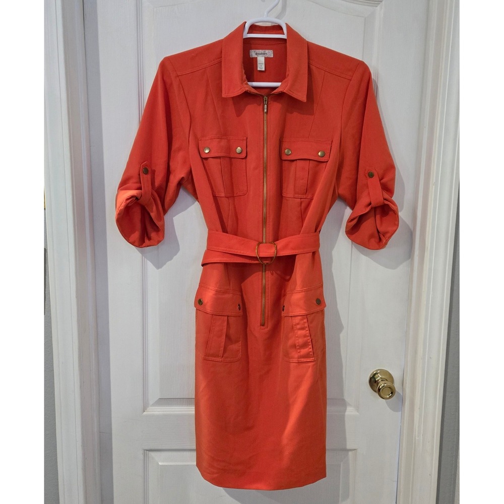 Dressbarn Utility Sheath Dress Womens 18 Orange Excellent Belted Zip Front Cargo